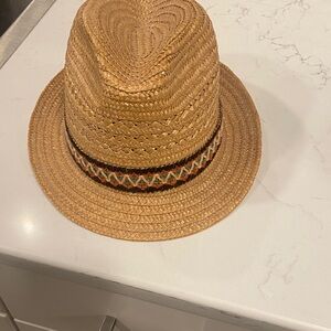 Stylish Tan Straw Hat with Patterned Band